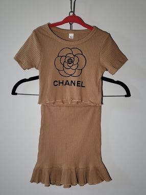 CHANEL Tan Ribbed Crop Top & Skirt Set with Camellia Logo